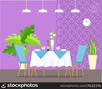 Elegant interior of restaurant. Romantic atmosphere of place, monstera plant in pot, ornamental wall and clock. Vase on desk and champagne. Vector illustration in flat cartoon style. Restaurant Interior, Monstera Plant and Table