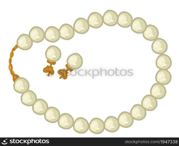 Elegant jewelry set of necklace or bracelet and earrings made of pearls. Glamour and bijouterie. Glamorous model of accessories for females to complete outfits and apparel. Vector in flat style. Pearl necklace and earrings, elegant jewelry set