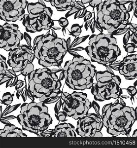 Elegant lace style peony flowers seamless pattern for background, fabric, textile, wrap, surface, web and print design. Decorative abstract silhouette floral rapport in black and white.