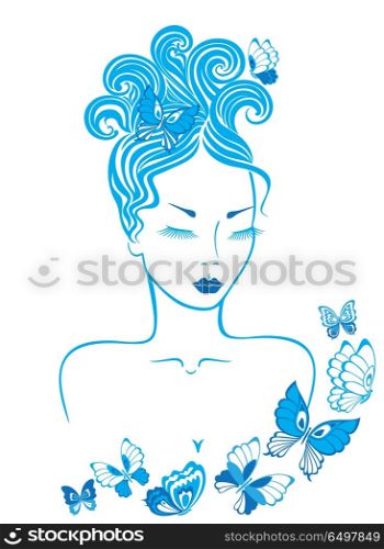 Elegant line art of a beautiful girl with butterflies