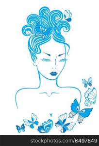 Elegant line art of a beautiful girl with butterflies