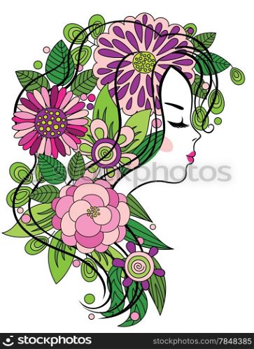 Elegant line art of a beautiful girl with colorful flowers in her hair