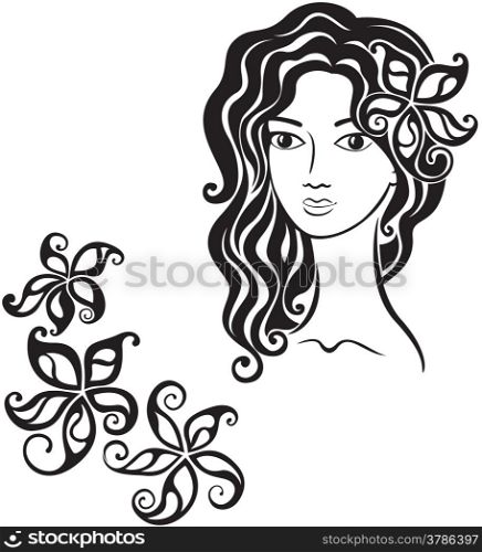 Elegant line art of a girl with a flower in her hair