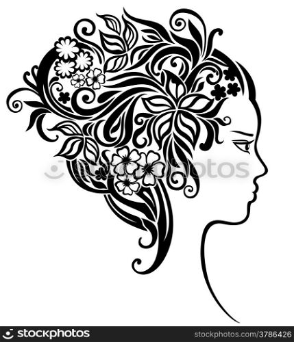 Elegant line art of a girl with a flowers in her hair