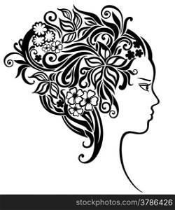 Elegant line art of a girl with a flowers in her hair
