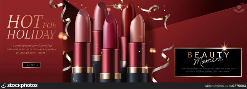 Elegant lipsticks holiday sale with glossy streamers on red background in 3d illustration. Elegant lipsticks holiday sale