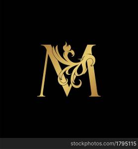 Elegant Luxury Letter M golden logo vector design, alphabet decoration style.