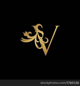 Elegant Luxury Letter V golden logo vector design, alphabet decoration style.