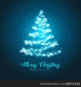 Elegant magic shining Christmas tree on blue background. Festive design template for card, greeting, invitation, wallpaper, web design