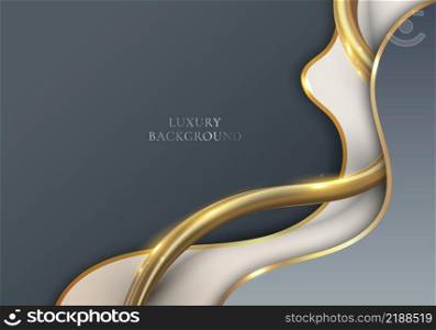 Elegant modern luxury template design white and grey wave shape and 3D golden glitter curved line light sparking on clean background. Vector graphic illustration