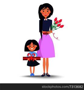 Elegant mom holds red flowers and daughter keeps present with ruddy bow, congratulations on women s day vector illustration. Mom and Daughter Congratulations on Women s Day
