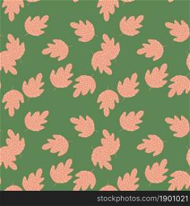 Elegant oak seamless pattern on green background. Vintage foliage backdrop. Simple nature wallpaper. For fabric design, textile print, wrapping, cover. Doodle vector illustration.. Elegant oak seamless pattern on green background.