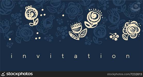 Elegant one-color folk style vector floral design element for web banners, posters, cards, wallpapers, backdrops, panels. Naive beige on blue flowers.