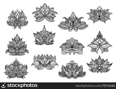 Elegant paisley flowers for oriental carpet or tile design with outline indian floral elements, decorated by intricate lace ornament. Indian paisley flowers with lace ornaments