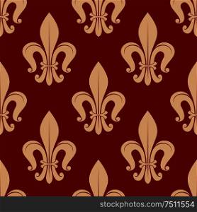 Elegant pale brown fleur-de-lis seamless pattern on red background. Royal french seamless floral ornament for fabric, scrapbook page backdrop or interior design. Fleur-de-lis seamless pattern on scarlet red