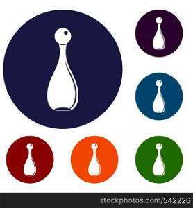 Elegant parfume bottle icons set in flat circle red, blue and green color for web. Elegant parfume bottle icons set