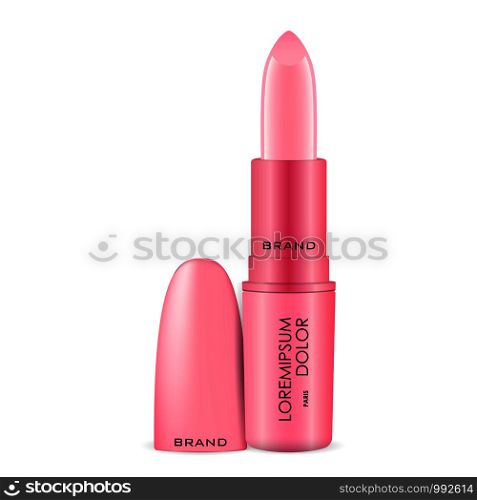 Elegant Pink Lipstick ads with Cap isolated on white background. Vector 3d cosmetics packaging mockup illustration.. Pink Lipstick ads with Cap mockup isolated