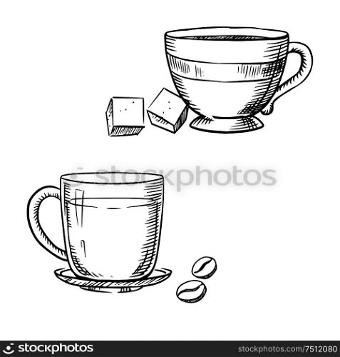 Elegant porcelain and glass cups of coffee and tea with sugar cubes and roasted coffee beans, isolated on white background, outline sketch style . Cup of coffee with beans, tea and sugar