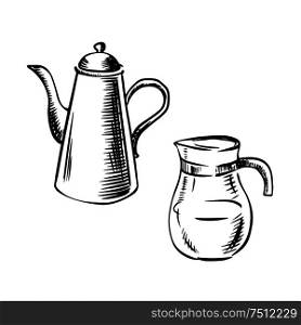 Elegant porcelain coffee pot with long spout and glass jug coffee pot in sketch style. For cafe or restaurant menu design. Porcelain and glass coffee pots