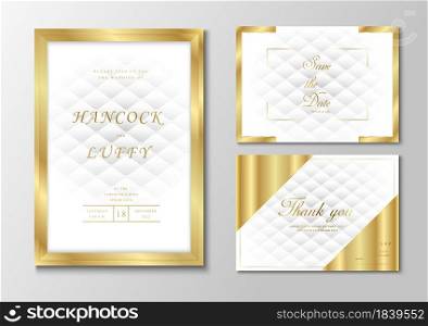 Elegant premium white wedding invitation card template. Geometric design luxury background with golden frame