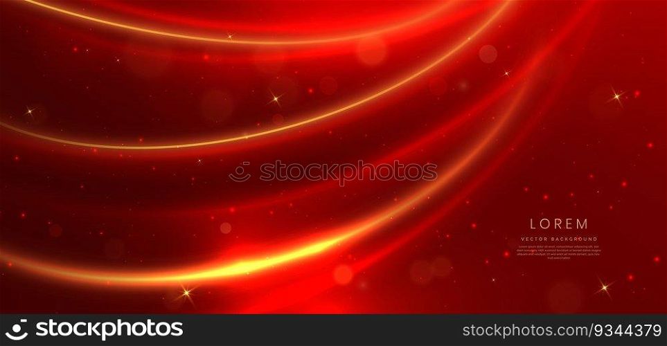 Elegant red background with glowing gold curved lines and lighting effect and sparkle with copy space for text. Luxury design style. Vector illustration