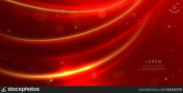 Elegant red background with glowing gold curved lines and lighting effect and sparkle with copy space for text. Luxury design style. Vector illustration