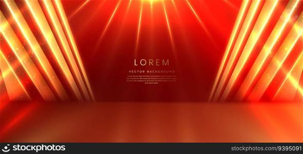 Elegant red stage with gold diagonal glowing lighting effect and sparkle. Template premium award design. Vector illustration