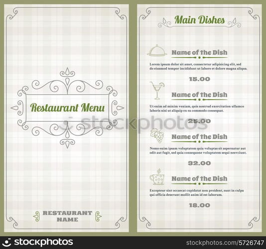 Elegant restaurant menu list with decorative elements on squared background vector illustration