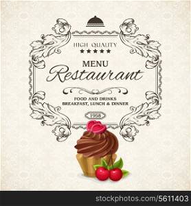 Elegant restaurant menu list with frame and chocolate cream cake vector illustration