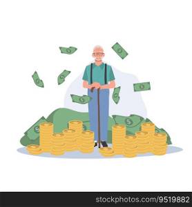 Elegant Retirement Wealth concept. Senior man Surrounded by Money. Rich Elderly man Enjoying Financial Success