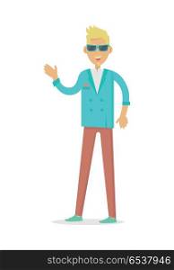 Elegant Rich Blond Man in Sunglasses. Vector. Elegant rich blond man in sunglasses. Rich man in expensive suit isolated on white. Successful businessman. Young person in stylish apparel. Handsome guy in modern clothes. Vector illustration