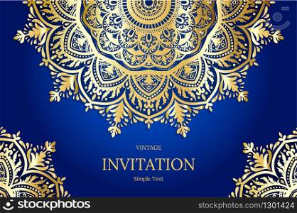 Elegant Save The Date card design. Vintage floral invitation card template. Luxury swirl mandala greeting card, gold, blue