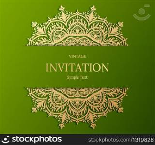 Elegant Save The Date card design. Vintage floral invitation card template. Luxury swirl mandala greeting gold and green card