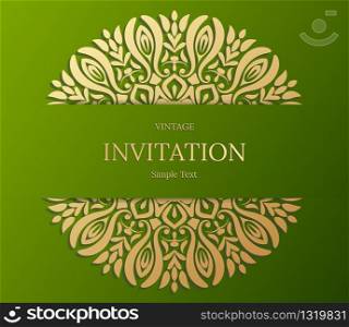 Elegant Save The Date card design. Vintage floral invitation card template. Luxury swirl mandala greeting gold and green card