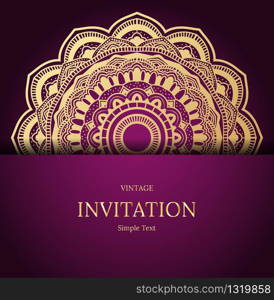 Elegant Save The Date card design. Vintage floral invitation card template. Luxury swirl mandala greeting card, gold, purple