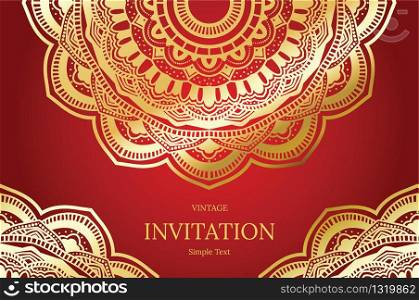Elegant Save The Date card design. Vintage floral invitation card template. Luxury swirl mandala greeting gold and red card