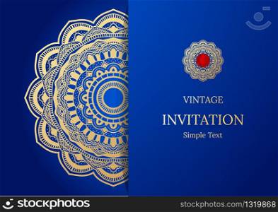 Elegant Save The Date card design. Vintage floral invitation card template. Luxury swirl mandala greeting gold and blue card