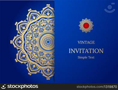 Elegant Save The Date card design. Vintage floral invitation card template. Luxury swirl mandala greeting gold and blue card