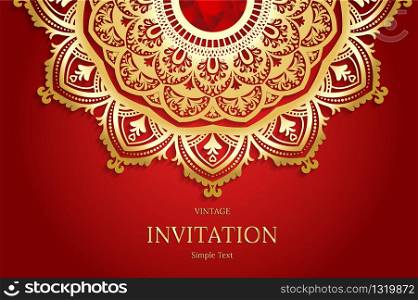 Elegant Save The Date card design. Vintage floral invitation card template. Luxury swirl mandala greeting gold and red card