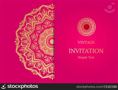 Elegant Save The Date card design. Vintage floral invitation card template. Luxury swirl mandala greeting card, gold, pink