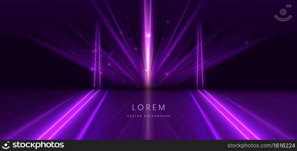 Elegant scene purple glowing motion lighting effect sparkle on dark purple background. Luxury design style. Vector illustration