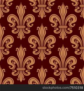 Elegant seamless fleur-de-lis pattern with beige lilies flowers on red background. For interior or wallpaper design usage. Beige and red fleur-de-lis seamless pattern