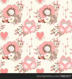 Elegant seamless pattern with blossom flowers, hearts and arrows