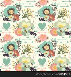 Elegant seamless pattern with blossom flowers, hearts and arrows