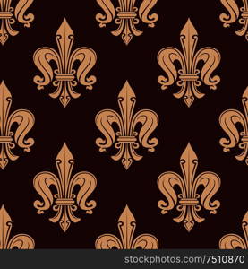 Elegant seamless royal fleur-de-lis pattern with beige floral motif over brown or maroon background. Wallpaper, textile or interior design usage. Brown and beige fleur-de-lis floral pattern