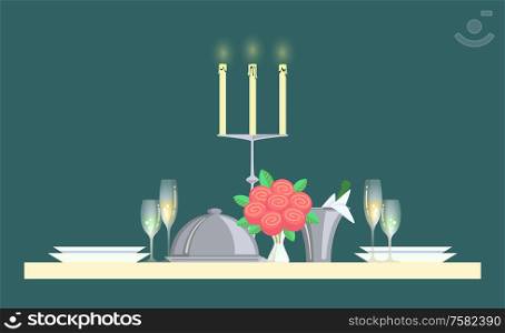 Elegant serving of table vector, desk with rose bouquet and empty plates. Lunch dinner, candlelight and champagne bottle placed in container with ice. Elegant Serving of Table with Rose and Plates