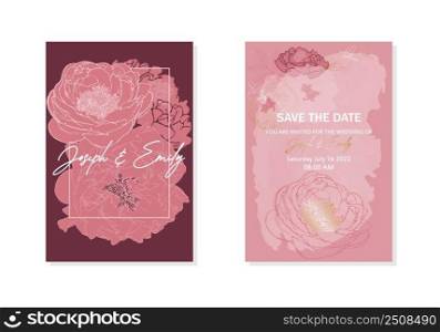 Elegant set of wedding invitation designs with peonies. Floral template in pink and gold color with botanical elements. Vector background. Set of invitations.