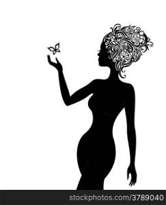 Elegant silhouette line art of a woman with a flowers in her hair