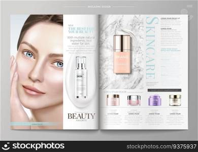 Elegant skin care magazine template, cosmetic products with attractive model in 3d illustration, marble stone background. Elegant skin care magazine template