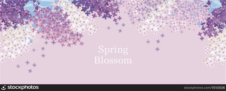 Elegant spring lilac branches vector element. Horizontal composition of floral decorative pattern.